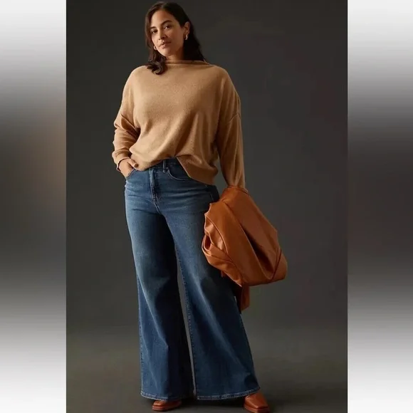 NWT Anthropologie The Alani Cashmere Mock-Neck Sweater by Pilcro Sand Dollar Tan - Picture 3 of 9